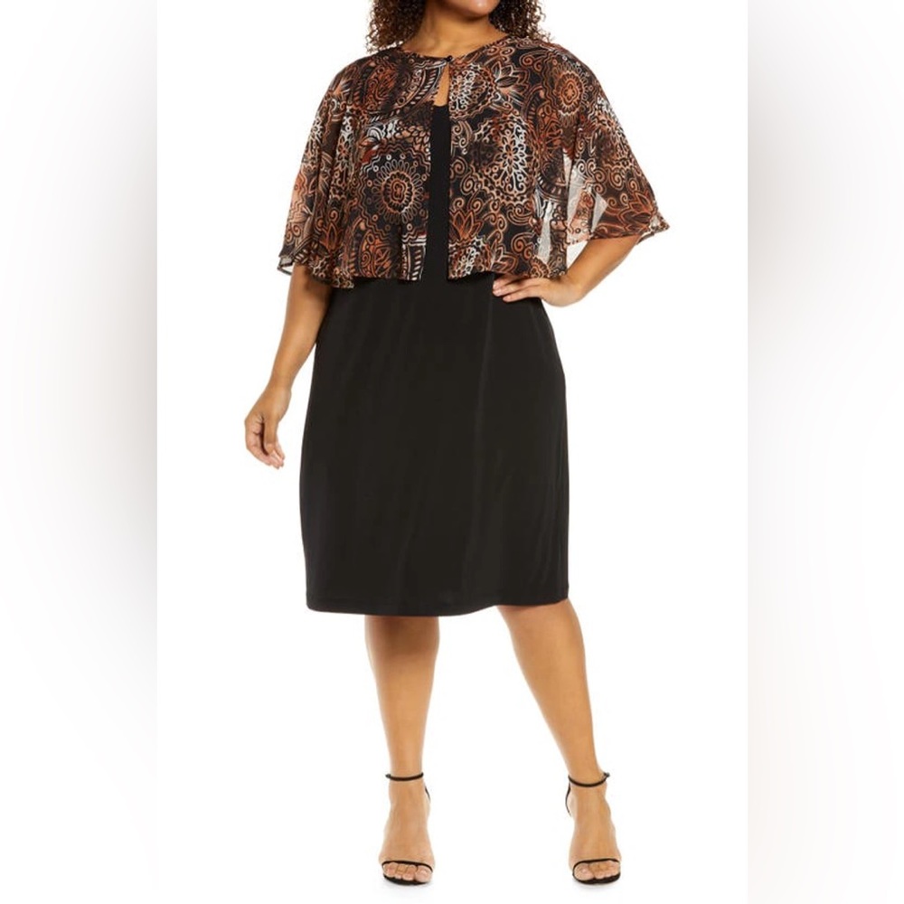 Stretch knit dress with chiffon cape in rust